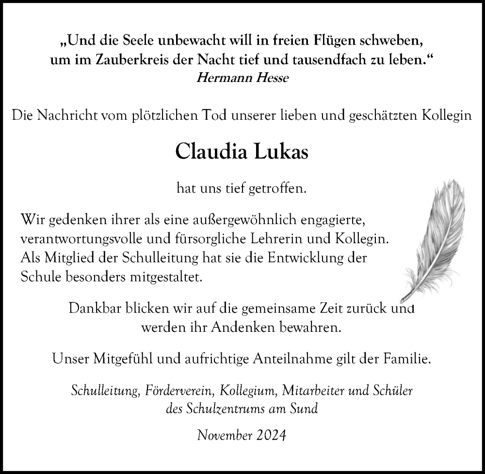  Traueranzeige für Claudia Lukas vom 23.11.2024 aus Ostsee-Zeitung GmbH