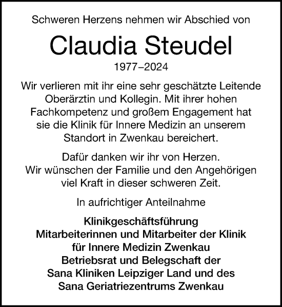 Traueranzeige von Claudia Steudel von Leipziger Volkszeitung