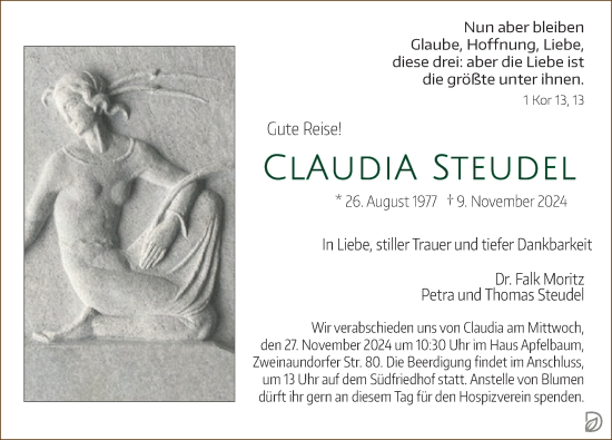 Traueranzeige von Claudia Steudel von Leipziger Volkszeitung