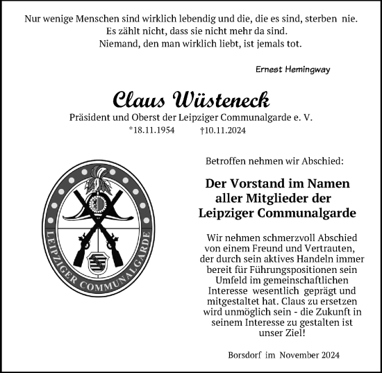 Traueranzeige von Claus Wüsteneck von Leipziger Volkszeitung