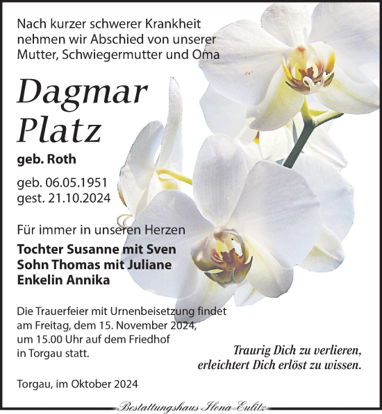 Traueranzeige von Dagmar Platz von Torgauer Zeitung