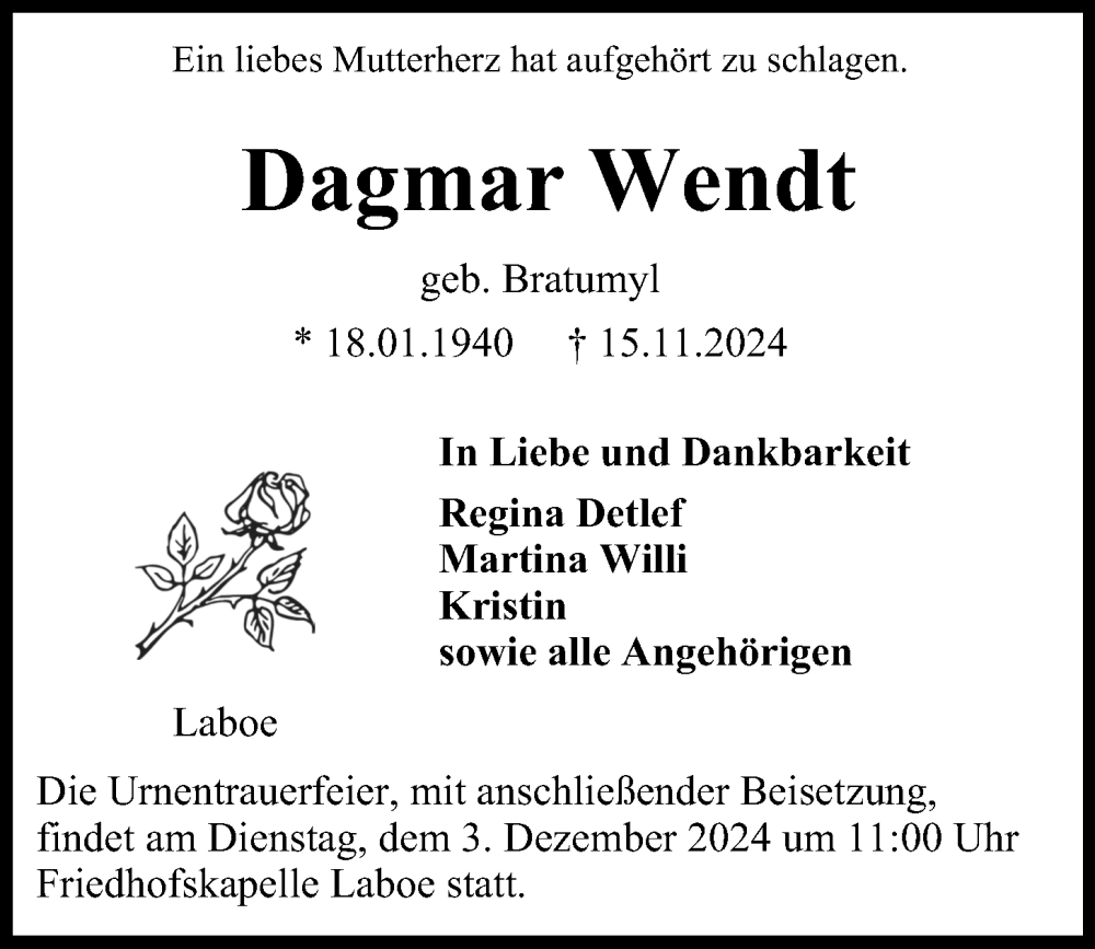  Traueranzeige für Dagmar Wendt vom 29.11.2024 aus Kieler Nachrichten