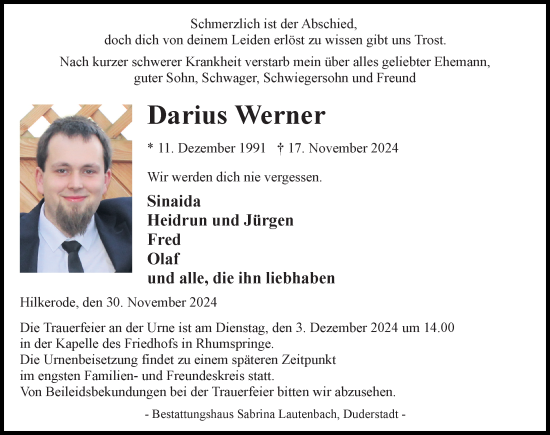 Traueranzeige von Darius Werner von Eichsfelder Tageblatt