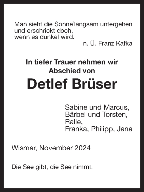 Traueranzeige von Detlef Brüser von Ostsee-Zeitung GmbH