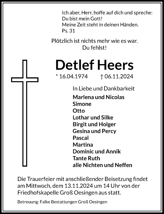 Traueranzeige von Detlef Heers von Aller Zeitung