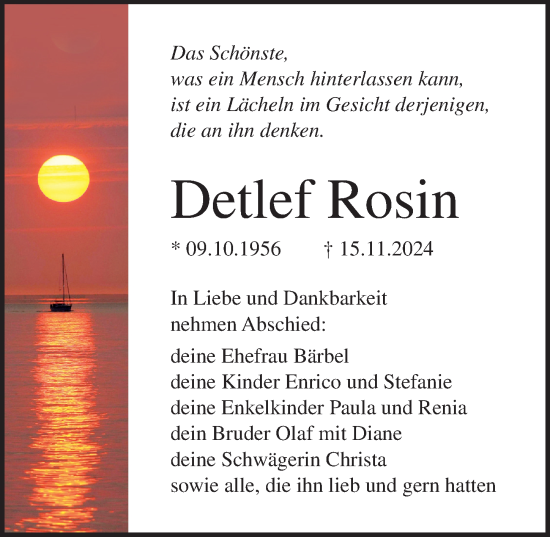 Traueranzeige von Detlef Rosin von Ostsee-Zeitung GmbH