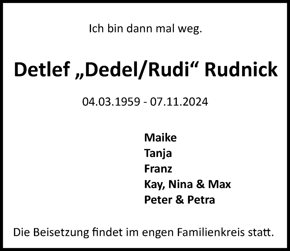  Traueranzeige für Detlef  Rudnick vom 16.11.2024 aus Kieler Nachrichten