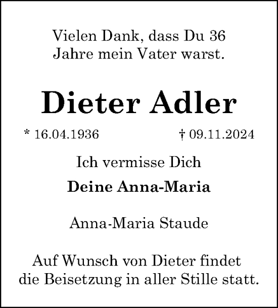 Traueranzeige von Dieter Adler von Hannoversche Allgemeine Zeitung/Neue Presse