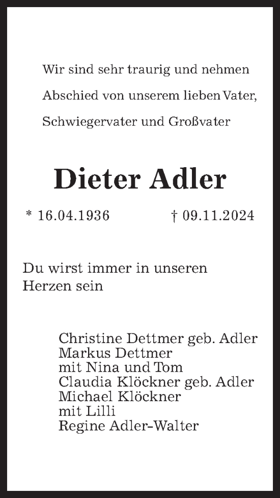 Traueranzeige von Dieter Adler von Hannoversche Allgemeine Zeitung/Neue Presse