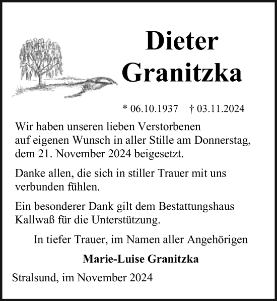 Traueranzeige von Dieter Granitzka von Ostsee-Zeitung GmbH