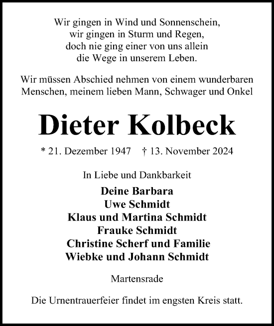 Traueranzeige von Dieter Kolbeck von Kieler Nachrichten