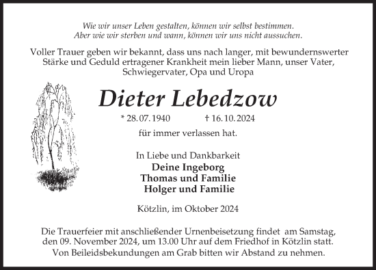 Traueranzeige von Dieter Lebedzow von Wochenspiegel