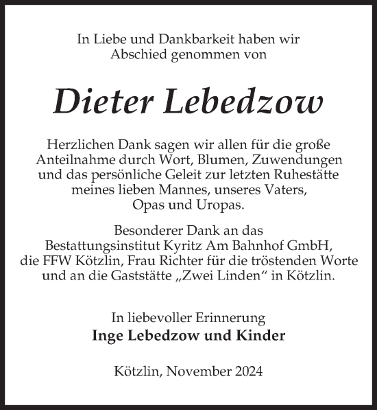 Traueranzeige von Dieter Lebedzow von Wochenspiegel