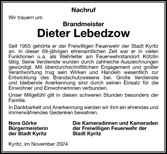 Traueranzeige von Dieter Lebedzow von Wochenspiegel