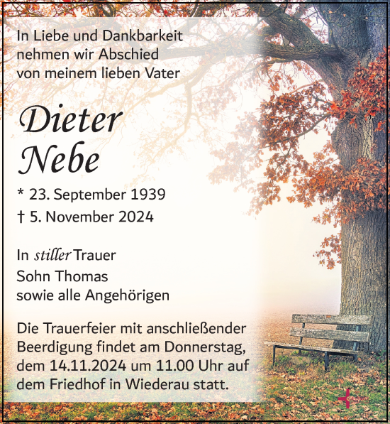 Traueranzeige von Dieter Nebe von Leipziger Volkszeitung