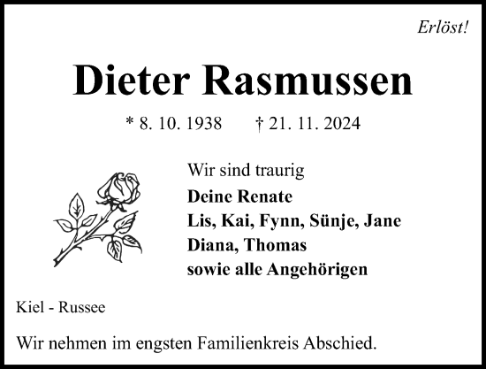 Traueranzeige von Dieter Rasmussen von Kieler Nachrichten