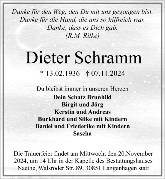 Traueranzeige von Dieter Schramm von Hannoversche Allgemeine Zeitung/Neue Presse