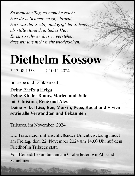 Traueranzeige von Diethelm Kossow von Ostsee-Zeitung GmbH