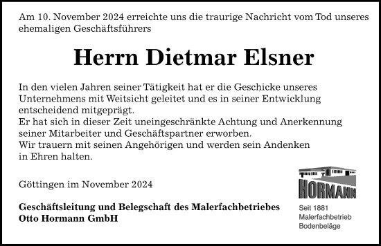 Traueranzeige von Dietmar Elsner von Göttinger Tageblatt