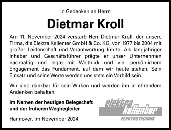 Traueranzeige von Dietmar Kroll von Hannoversche Allgemeine Zeitung/Neue Presse