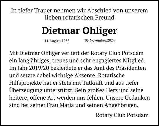 Traueranzeige von Dietmar Ohliger von Märkischen Allgemeine Zeitung