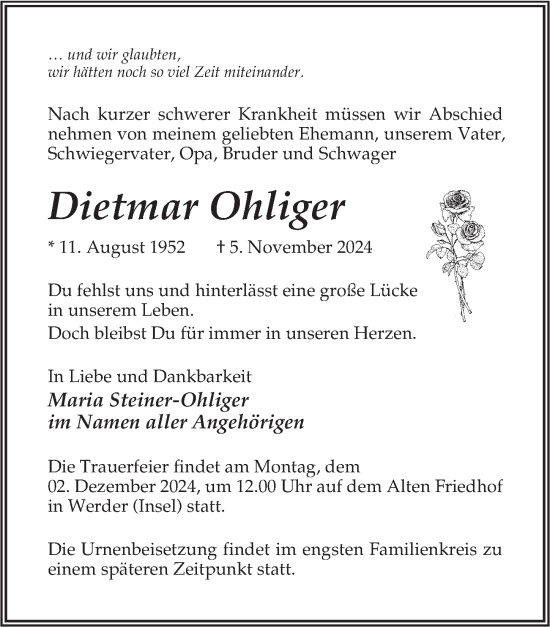 Traueranzeige von Dietmar Ohliger von Märkischen Allgemeine Zeitung