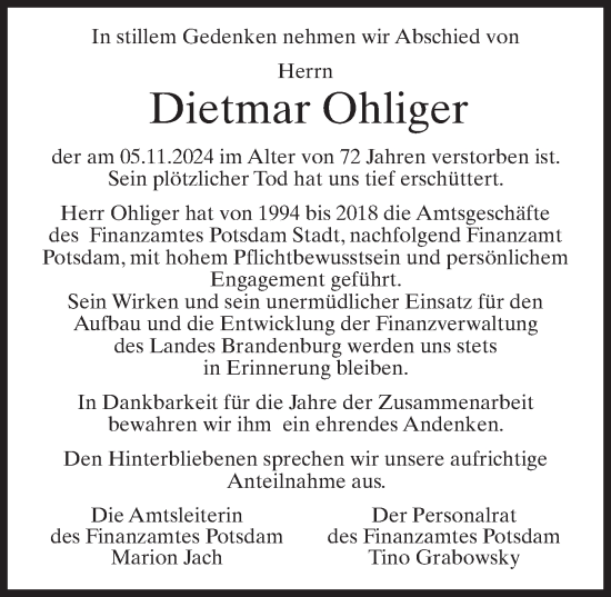 Traueranzeige von Dietmar Ohliger von Märkischen Allgemeine Zeitung