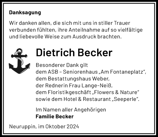 Traueranzeige von Dietrich Becker von Märkischen Allgemeine Zeitung