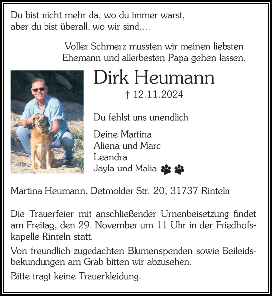 Traueranzeige von Dirk Heumann von Schaumburger Nachrichten und Schaumburger Zeitung/ Landes-Zeitung