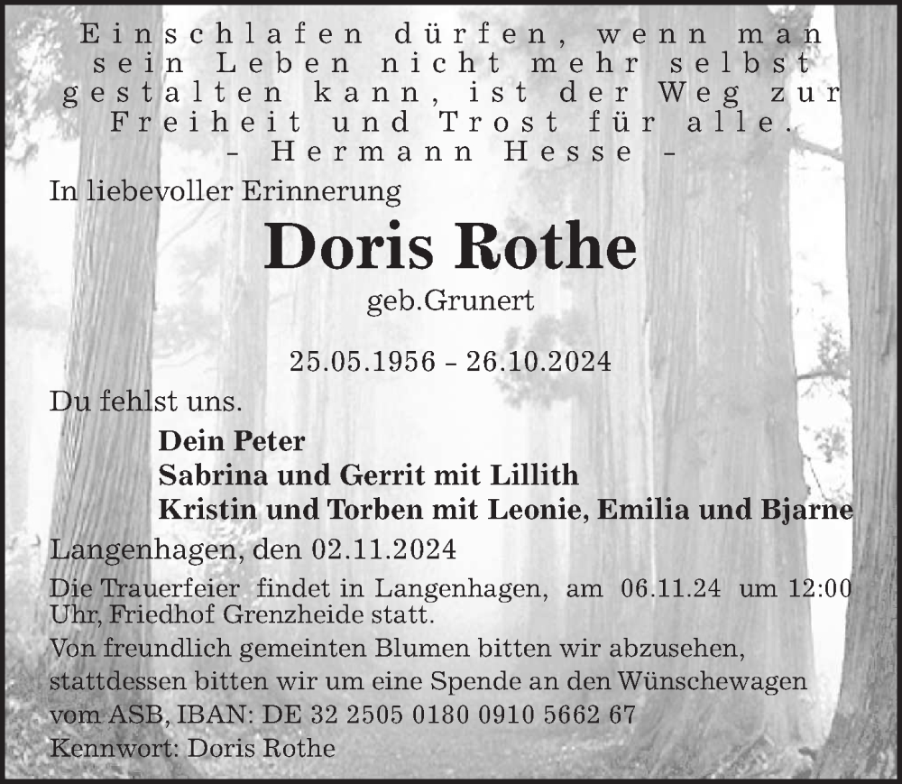  Traueranzeige für Doris Rothe vom 02.11.2024 aus Hannoversche Allgemeine Zeitung/Neue Presse