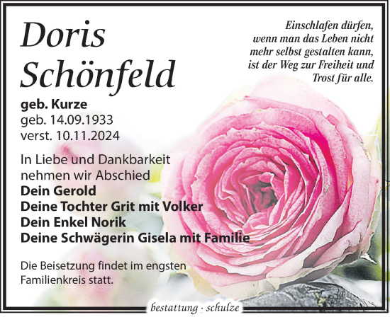 Traueranzeige von Doris Schönfeld von Leipziger Volkszeitung