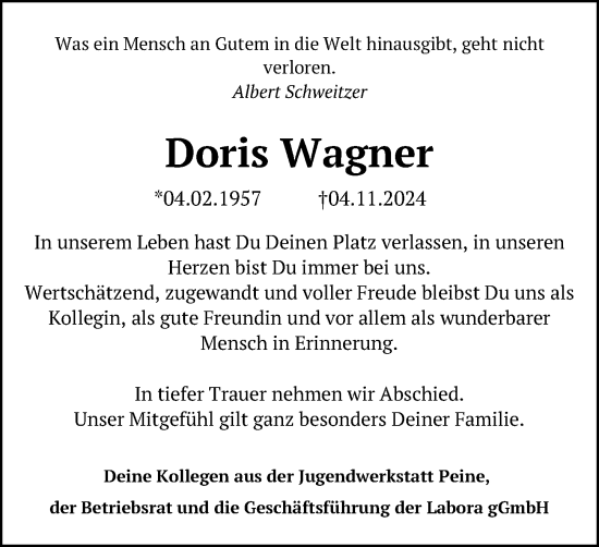 Traueranzeige von Doris Wagner von Peiner Allgemeine Zeitung