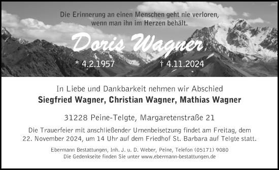 Traueranzeige von Doris Wagner von Peiner Allgemeine Zeitung