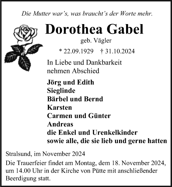 Traueranzeige von Dorothea Gabel von Ostsee-Zeitung GmbH