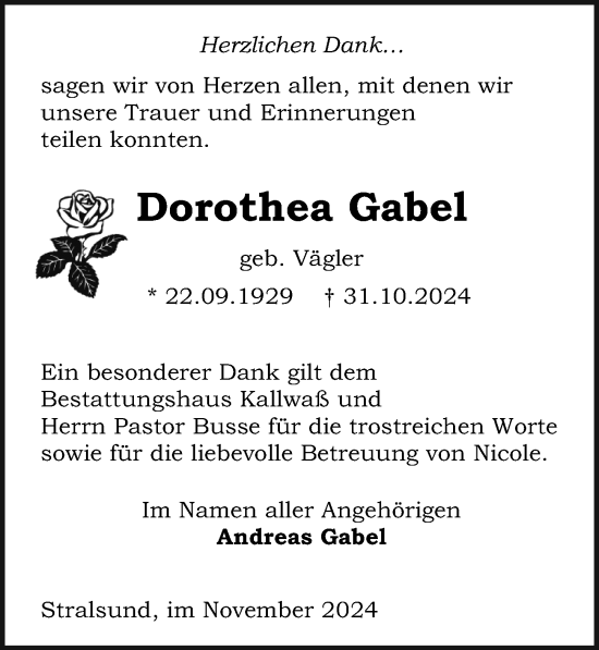 Traueranzeige von Dorothea Gabel von Ostsee-Zeitung GmbH