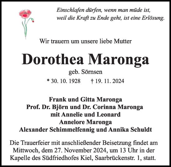 Traueranzeige von Dorothea Maronga von Kieler Nachrichten