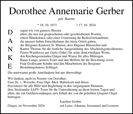 Traueranzeige von Dorothee Annemarie Gerber von Ostsee-Zeitung GmbH