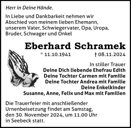 Traueranzeige von Eberhard Schramek von Märkischen Allgemeine Zeitung