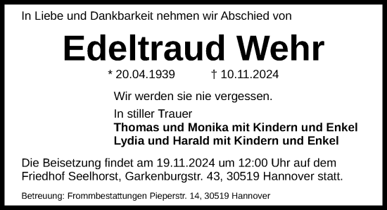 Traueranzeige von Edeltraud Wehr von Hannoversche Allgemeine Zeitung/Neue Presse