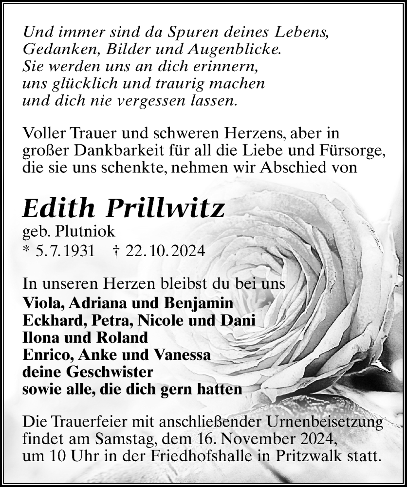  Traueranzeige für Edith Prillwitz vom 02.11.2024 aus Wochenspiegel