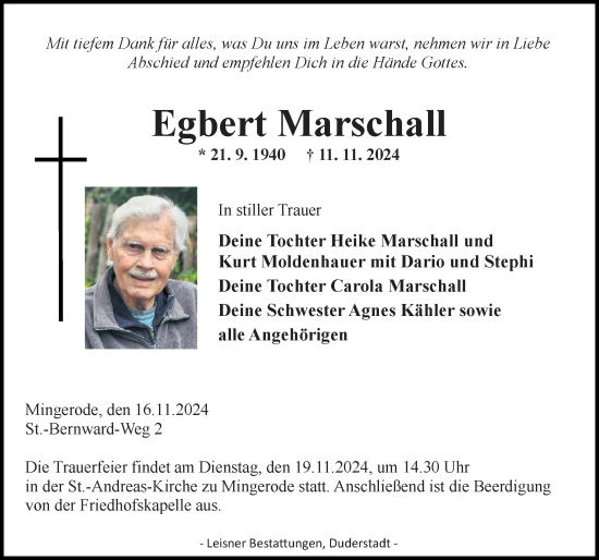 Traueranzeige von Egbert Marschall von Eichsfelder Tageblatt