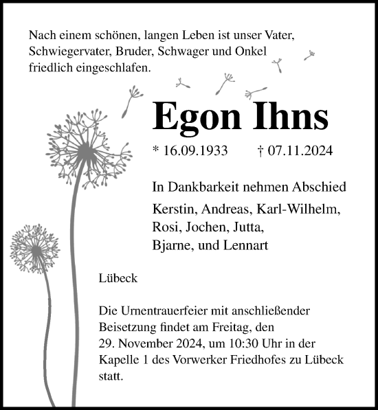 Traueranzeige von Egon Ihns von Lübecker Nachrichten