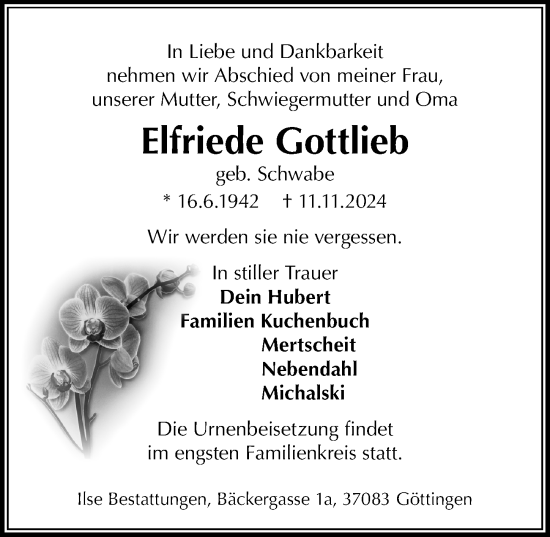 Traueranzeige von Elfriede Gottlieb von Göttinger Tageblatt