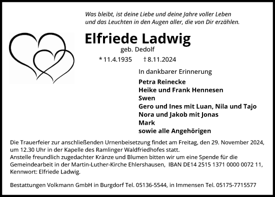 Traueranzeige von Elfriede Ladwig von Hannoversche Allgemeine Zeitung/Neue Presse