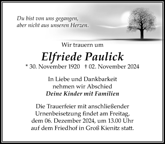 Traueranzeige von Elfriede Paulick von Märkischen Allgemeine Zeitung