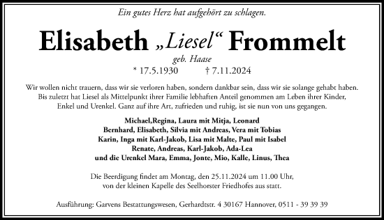 Traueranzeige von Elisabeth Frommelt von Hannoversche Allgemeine Zeitung/Neue Presse