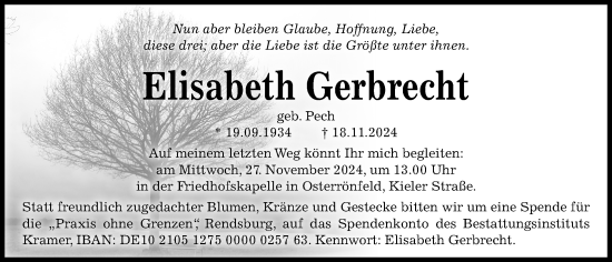 Traueranzeige von Elisabeth Gerbrecht von Kieler Nachrichten