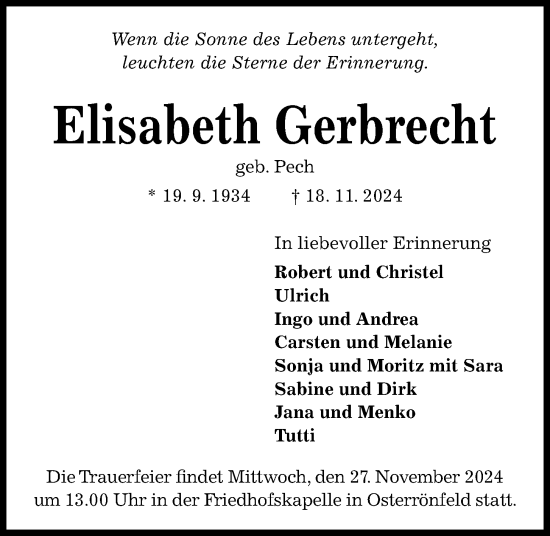 Traueranzeige von Elisabeth Gerbrecht von Kieler Nachrichten