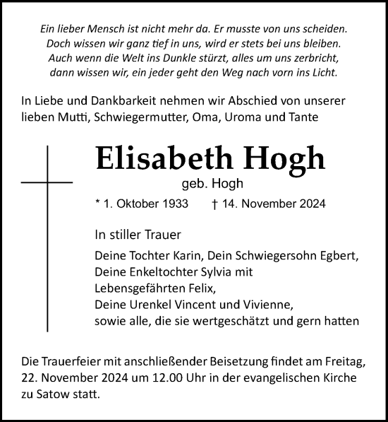 Traueranzeige von Elisabeth Hogh von Ostsee-Zeitung GmbH