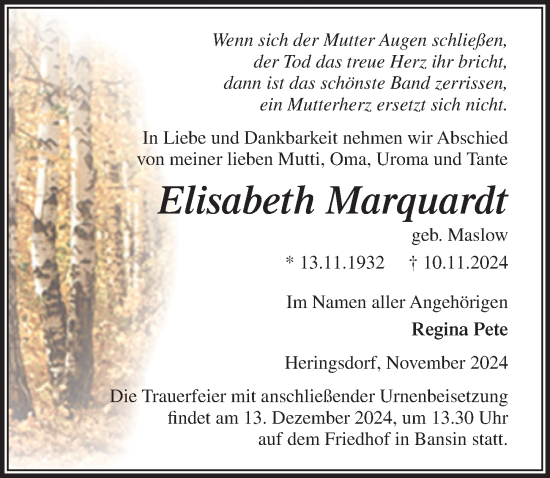 Traueranzeige von Elisabeth Marquardt von Ostsee-Zeitung GmbH